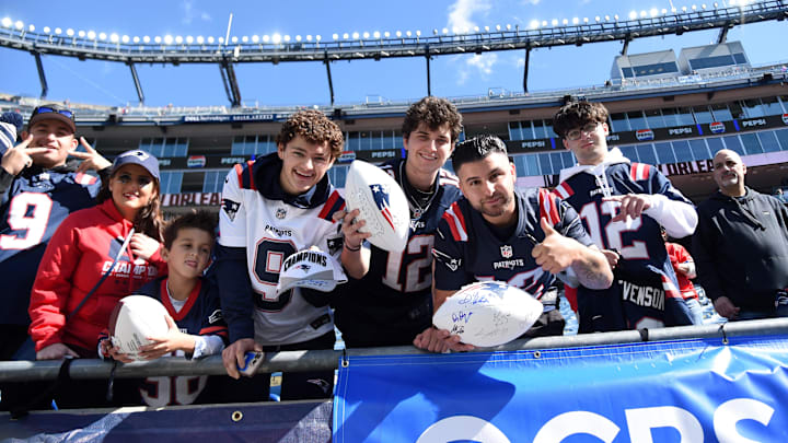 Oct 8, 2023; Foxborough, Massachusetts, USA;  A group of New England Patriots fans prior to a game