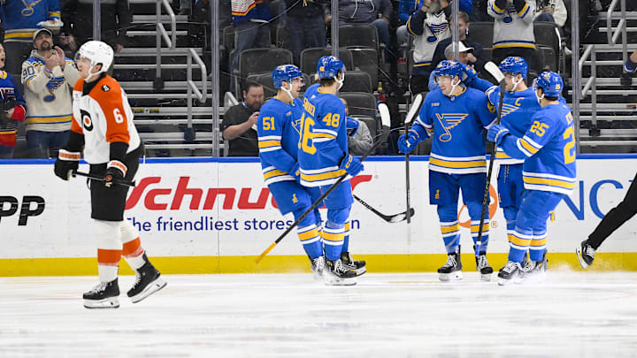 Nov 14, 2025; St. Louis, Missouri, USA; St. Louis Blues left wing Dylan Holloway (81) is congratulated by teammates after scoring against the Philadelphia Flyers during the third period at Enterprise Center. Mandatory Credit: Jeff Curry-Imagn Images Nov 14, 2025; St. Louis, Missouri, USA; St. Louis Blues left wing Dylan Holloway (81) is congratulated by teammates after scoring against the Philadelphia Flyers during the third period at Enterprise Center. Mandatory Credit: Jeff Curry-Imagn Images