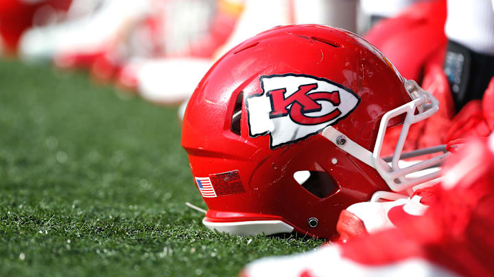Oct 4, 2015; Cincinnati, OH, USA; A general view of a Kansas City Chiefs helmet on the sidelines during a game of the Kansas City Chiefs against the Cincinnati Bengals at Paul Brown Stadium. The Bengals won 36-21. Mandatory Credit: Aaron Doster-Imagn Images