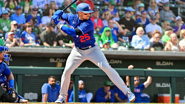 Los Angeles Dodgers left fielder Trayce Thompson (25) at bat in the first inning against the Chicago Cubs during a spring training game at Sloan Park in Mesa, Arizona, on March 17, 2023. 