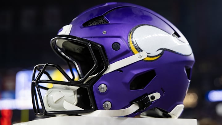Jan 13, 2025; Glendale, AZ, USA; Detailed view of a Minnesota Vikings helmet during an NFC wild card game at State Farm Stadium.