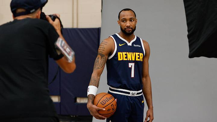 Sep 29, 2025; Denver, CO, USA; Denver Nuggets player Tamar Bates (7) poses for a picture during media day at Ball Arena. Mandatory Credit: Isaiah J. Downing-Imagn Images