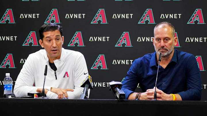 Diamondbacks GM Mike Hazen (left) speaks to the media with Diamondbacks head coach Torey Lovullo after the team was eliminated from playoff contention at Chase Field in Phoenix on Oct. 1, 2024.
