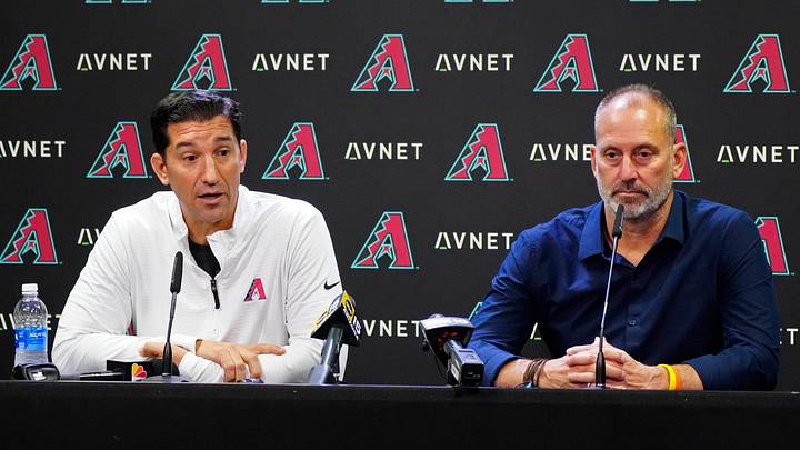 Diamondbacks GM Mike Hazen (left) speaks to the media with Diamondbacks head coach Torey Lovullo after the team was eliminated from playoff contention at Chase Field in Phoenix on Oct. 1, 2024. Diamondbacks GM Mike Hazen (left) speaks to the media with Diamondbacks head coach Torey Lovullo after the team was eliminated from playoff contention at Chase Field in Phoenix on Oct. 1, 2024.