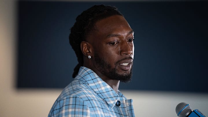 Tennessee Titans newly signed free agent wide receiver Calvin Ridley fields questions during his