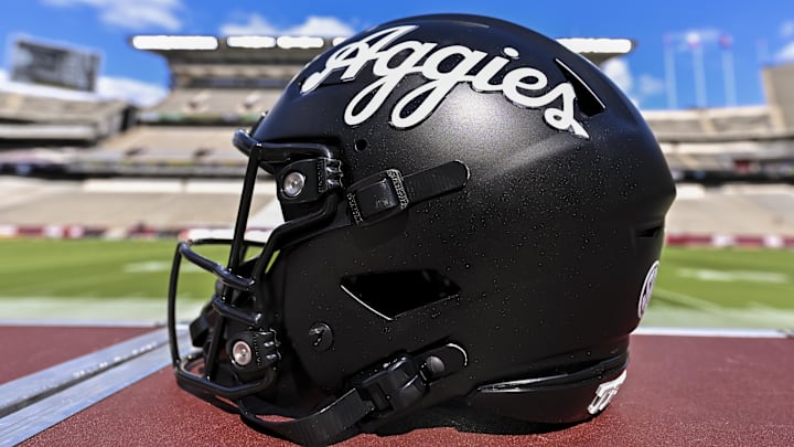 A detailed view of a Texas A&M Aggies helmet on the sideline before the game against the Mississippi State Bulldogs at Kyle Field.
