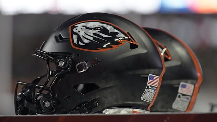 Nov 11, 2023; Corvallis, Oregon, USA; A detail view of Oregon State Beavers helmets
during the second half against the Stanford Cardinal at Reser Stadium. Mandatory Credit: Soobum Im-Imagn Images