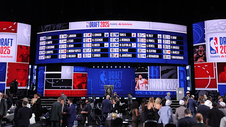 Jun 25, 2025; Brooklyn, NY, USA; General view after the first round of the 2025 NBA Draft at Barclays Center. Jun 25, 2025; Brooklyn, NY, USA; General view after the first round of the 2025 NBA Draft at Barclays Center.