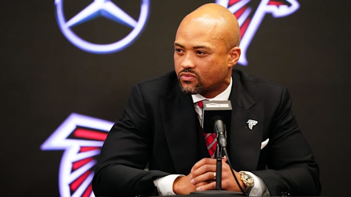 Feb 5, 2024; Atlanta, GA, USA; Atlanta Falcons general manager Terry Fontenot  addresses the media as Raheem Morris is introduced as the new head coach of the Atlanta Falcons at Mercedes-Benz Stadium. Mandatory Credit: John David Mercer-Imagn Images
