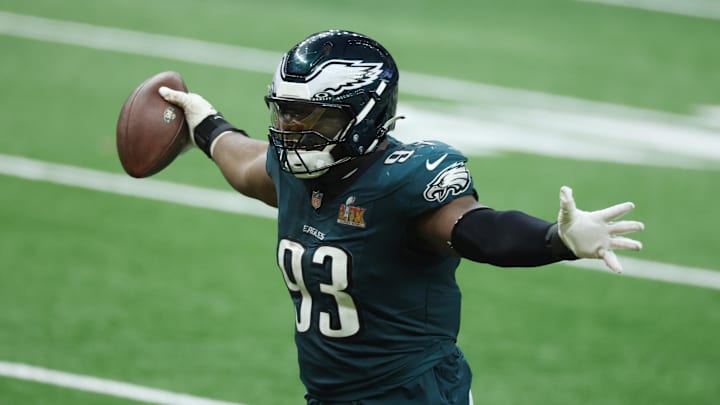 Feb 9, 2025; New Orleans, LA, USA; Philadelphia Eagles defensive tackle Milton Williams (93) celebrates a fumble recovery in the fourth quarter in Super Bowl LIX at Ceasars Superdome. Mandatory Credit: Stephen Lew-Imagn Images Feb 9, 2025; New Orleans, LA, USA; Philadelphia Eagles defensive tackle Milton Williams (93) celebrates a fumble recovery in the fourth quarter in Super Bowl LIX at Ceasars Superdome. Mandatory Credit: Stephen Lew-Imagn Images