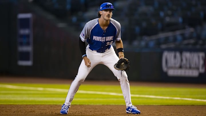 Aug 28, 2022; Phoenix, Arizona, US; East infielder Bryce Eldridge (38) during the Perfect Game All-American Classic high school baseball game at Chase Field.