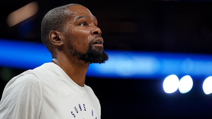 Jan 31, 2025; San Francisco, California, USA; Phoenix Suns forward Kevin Durant (35) stands on the court before the start of the game against the Golden State Warriors at the Chase Center. Mandatory Credit: Cary Edmondson-Imagn Images