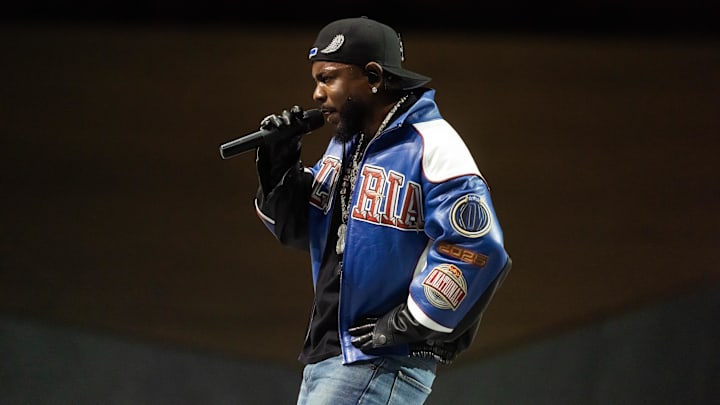 Kendrick Lamar performs during the halftime show of Super Bowl LIX.
