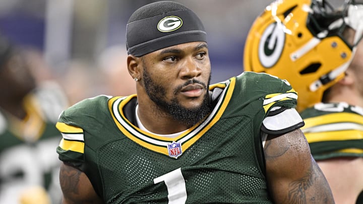 Green Bay Packers defensive end Micah Parsons (1) looks on in the second half against the Dallas Cowboys at AT&T Stadium.