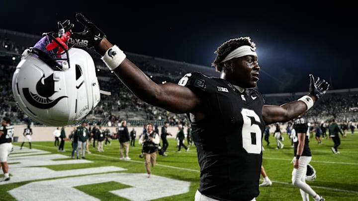 Sep 6, 2025; East Lansing, Michigan, USA; Michigan State wide receiver Nick Marsh (6) celebrates a double-overtime victory over Boston College at Spartan Stadium. Mandatory Credit: Brendan Mullin-Imagn Images