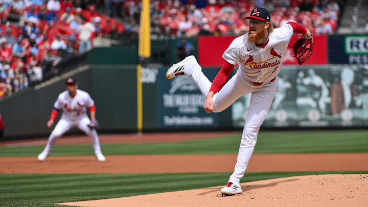 Mar 29, 2026; St. Louis, Missouri, USA; St. Louis Cardinals starting pitcher Dustin May (3) pitches against the Tampa Bay Rays during the first inning at Busch Stadium. Mandatory Credit: Jeff Curry-Imagn Images
