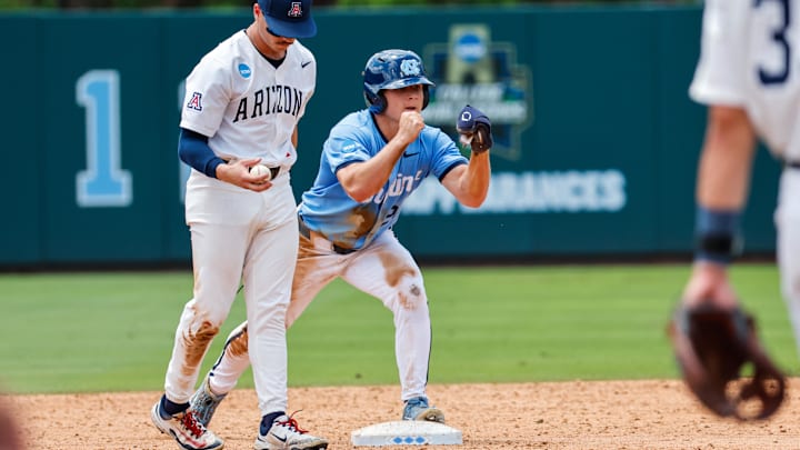 Jun 7, 2025; Chapel Hill, NC, USA;  North Carolina outfielder Kane Kepley (27) celebrates getting onto second base during the third inning of the Super Regionals game against Arizona in Chapel Hill, North Carolina. Mandatory Credit: Jaylynn Nash-Imagn Images