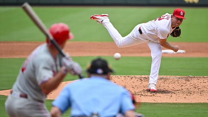 Aug 12, 2026; St. Louis, Missouri, USA; St. Louis Cardinals starting pitcher Kyle Leahy (62) throws against Philadelphia Phillies catcher J.T. Realmuto (10) during the third inning at Busch Stadium. Mandatory Credit: Jeff Curry-Imagn Images