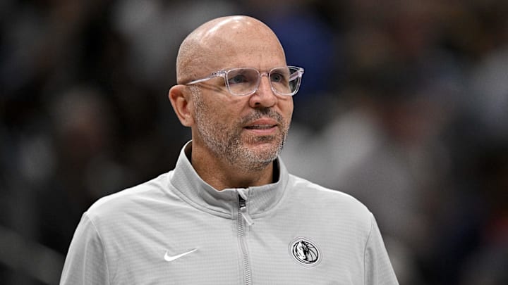 Apr 11, 2025; Dallas, Texas, USA; Dallas Mavericks head coach Jason Kidd looks on during the second quarter against the Toronto Raptors at the American Airlines Center. Mandatory Credit: Jerome Miron-Imagn Images
