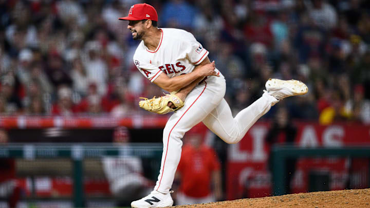 Apr 18, 2026: Los Angeles Angels pitcher Nick Sandlin (52) delivers during the eighth inning against the San Diego Padres at Angel Stadium. 