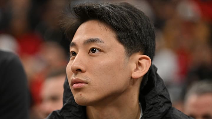 Jan 18, 2026; Chicago, Illinois, USA; Chicago Bulls guard Yuki Kawamura (8) on the bench against the Brooklyn Nets during the first half at United Center. Mandatory Credit: Patrick Gorski-Imagn Images