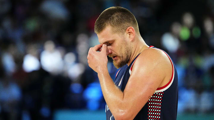 Aug 10, 2024; Paris, France; Serbia power forward Nikola Jokic (15) reacts after a play against Germany in the men's basketball bronze medal game during the Paris 2024 Olympic Summer Games at Accor Arena. Mandatory Credit: Rob Schumacher-Imagn Images Aug 10, 2024; Paris, France; Serbia power forward Nikola Jokic (15) reacts after a play against Germany in the men's basketball bronze medal game during the Paris 2024 Olympic Summer Games at Accor Arena. Mandatory Credit: Rob Schumacher-Imagn Images