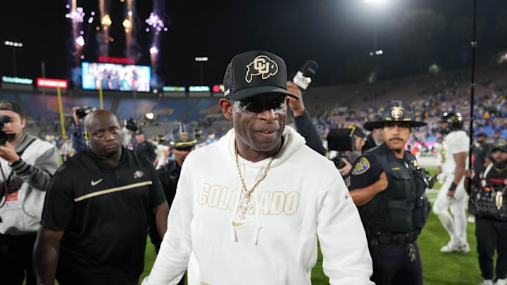 Oct 28, 2023; Pasadena, California, USA; Colorado Buffaloes head coach Deion Sanders leaves the field after the game against the UCLA Bruins at Rose Bowl. UCLA defeated Colorado 28-16. Oct 28, 2023; Pasadena, California, USA; Colorado Buffaloes head coach Deion Sanders leaves the field after the game against the UCLA Bruins at Rose Bowl. UCLA defeated Colorado 28-16.