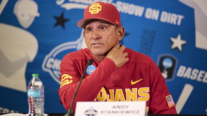 May 31, 2025; Corvallis, OR, USA; USC head coach Andy Stankiewicz takes questions after a game against Saint Mary's at the NCAA Corvallis Regional at Goss Stadium. Mandatory Credit: Troy Wayrynen-Imagn Images