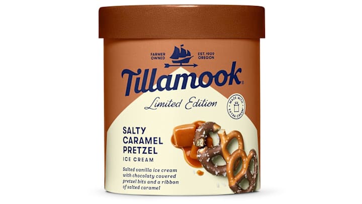 January 2025 Packaging Shoot. 48 ounce Limited Edition Salty Caramel Pretzel Ice Cream Pack shot.