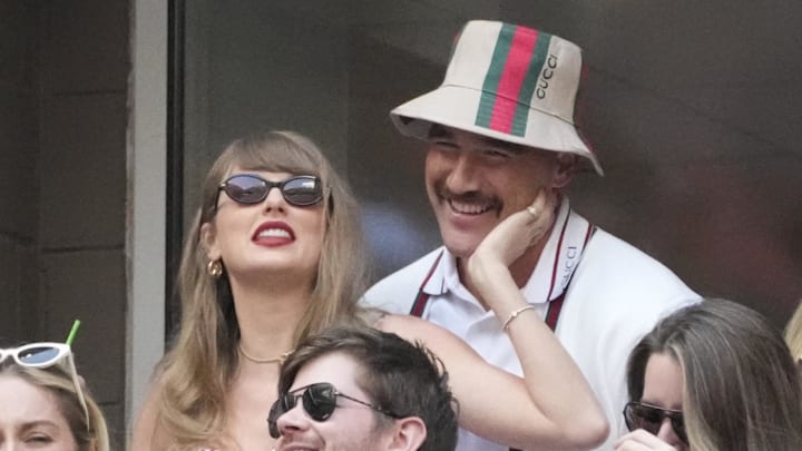 Sep 8, 2024; Flushing, NY, USA; Taylor Swift and Kansas City Chiefs tight end Travis Kelce during the men’s final of the 2024 U.S. Open tennis tournament.