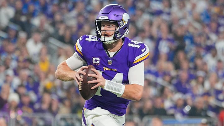 Nov 3, 2024; Minneapolis, Minnesota, USA; Minnesota Vikings quarterback Sam Darnold (14) scrambles against the Indianapolis Colts in the first quarter at U.S. Bank Stadium. Nov 3, 2024; Minneapolis, Minnesota, USA; Minnesota Vikings quarterback Sam Darnold (14) scrambles against the Indianapolis Colts in the first quarter at U.S. Bank Stadium.