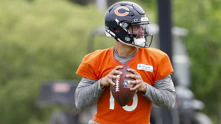Caleb Williams takes aim during passing drills. Williams volunteered to come in and work with rookies during the final week of OTAs when veteran attendance wasn't expected. Caleb Williams takes aim during passing drills. Williams volunteered to come in and work with rookies during the final week of OTAs when veteran attendance wasn't expected.