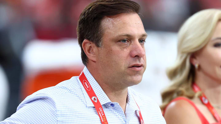 Aug 9, 2025; Glendale, Arizona, USA; Kansas City Chiefs general manager Brett Veach against the Arizona Cardinals during a preseason NFL game at State Farm Stadium. Mandatory Credit: Mark J. Rebilas-Imagn Images