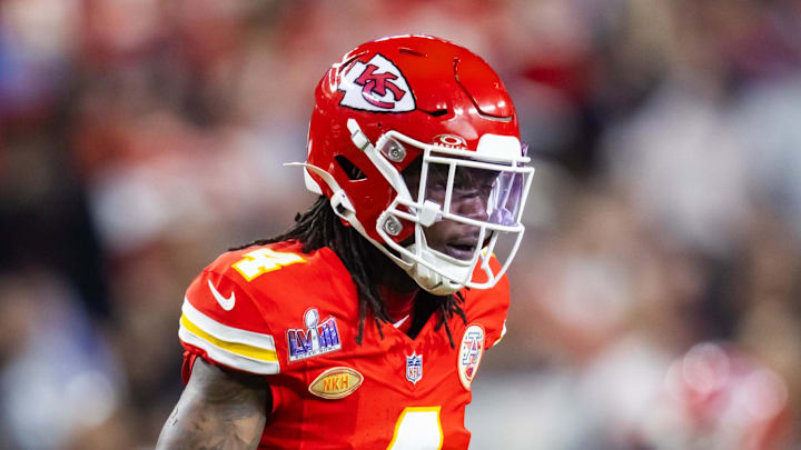 Feb 11, 2024; Paradise, Nevada, USA; Kansas City Chiefs wide receiver Rashee Rice (4) against the