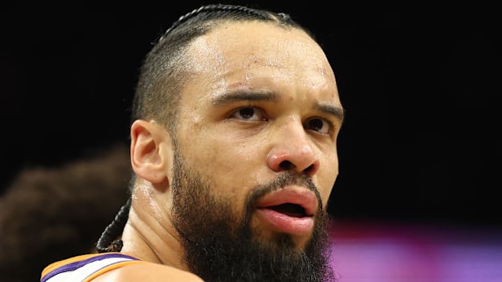 Jan 29, 2026; Phoenix, Arizona, USA; Phoenix Suns forward Dillon Brooks (3) against the Detroit Pistons at Mortgage Matchup Center. Mandatory Credit: Mark J. Rebilas-Imagn Images
