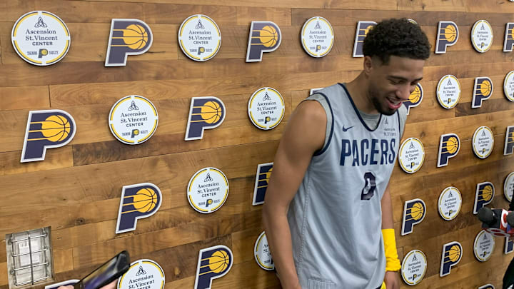 Indiana Pacers guard Tyrese Haliburton speaks with reporters after his team's first practice of the 2024-25 season on October 1, 2024. (Mandatory photo credit: Pacers On SI)