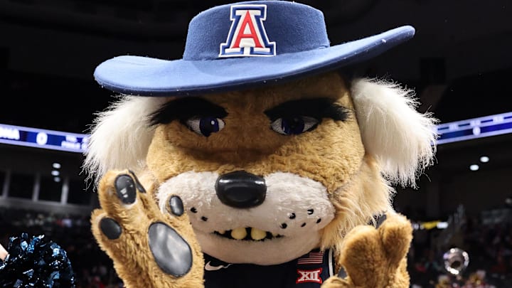 Mar 15, 2025; Kansas City, MO, USA; The Arizona Wildcats mascot performs for the Big 12 Conference Tournament Championship game at T-Mobile Center. Mandatory Credit: William Purnell-Imagn Images