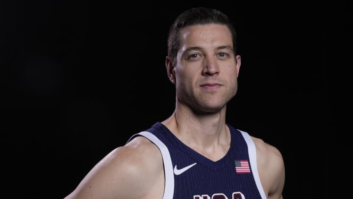 Apr 17, 2024; New York, New York, USA; U.S. Olympic athlete Jimmer Fredette poses for a photo at the Team USA Media Summit at Mariott Marquis. Mandatory Credit: Robert Deutsch-USA TODAY Sports Apr 17, 2024; New York, New York, USA; U.S. Olympic athlete Jimmer Fredette poses for a photo at the Team USA Media Summit at Mariott Marquis. Mandatory Credit: Robert Deutsch-USA TODAY Sports