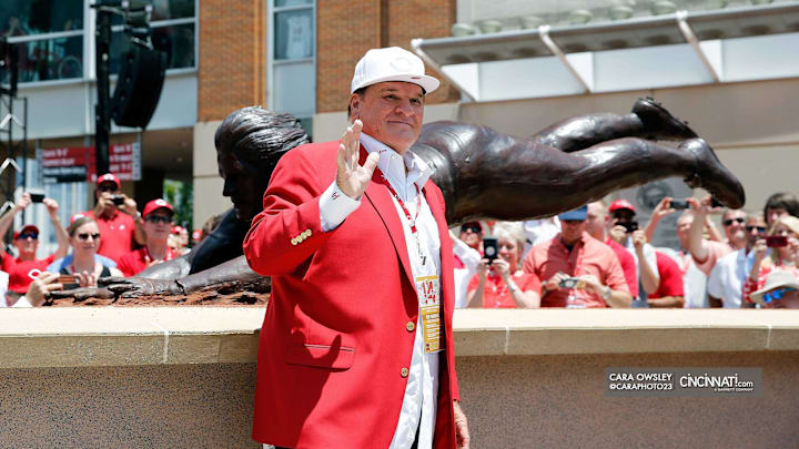 Pete Rose waves to his fans during the unveiling of a bronze statue dedicated to him at Great American Ball Park on Saturday, June 17, 2017. Pete Rose waves to his fans during the unveiling of a bronze statue dedicated to him at Great American Ball Park on Saturday, June 17, 2017.