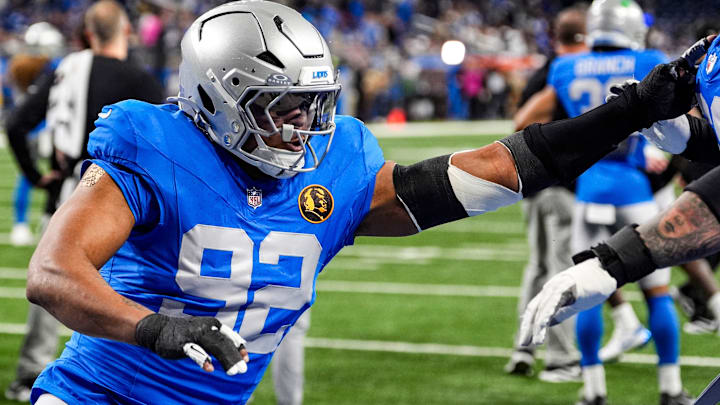 Detroit Lions defensive end Marcus Davenport (92) warms up ahead of the Green Bay Packers game at Ford Field in Detroit on Thursday, Nov. 27, 2025. Detroit Lions defensive end Marcus Davenport (92) warms up ahead of the Green Bay Packers game at Ford Field in Detroit on Thursday, Nov. 27, 2025.