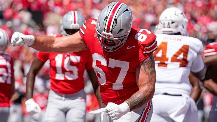 Ohio State Buckeyes offensive lineman Austin Siereveld celebrates after the Buckeyes scored a touchdown.