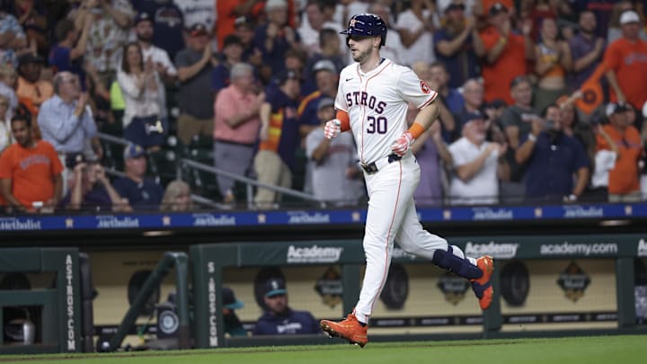 Sep 24, 2024; Houston, Texas, USA; Houston Astros right fielder Kyle Tucker (30) rounds the bases after hitting a home run against the Seattle Mariners  in the fourth inning at Minute Maid Park. 