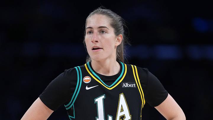 Jun 5, 2026; Los Angeles, California, USA; LA Sparks guard Kate Martin (21) reacts against the Dallas Wings in the first half at Crypto.com Arena. Mandatory Credit: Kirby Lee-Imagn Images