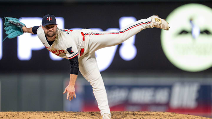 Apr 23, 2025; Minneapolis, Minnesota, USA; Minnesota Twins pitcher Danny Coulombe (54) pitches to Chicago White Sox outfielder Michael A. Taylor (21) in the ninth inning at Target Field. Apr 23, 2025; Minneapolis, Minnesota, USA; Minnesota Twins pitcher Danny Coulombe (54) pitches to Chicago White Sox outfielder Michael A. Taylor (21) in the ninth inning at Target Field.