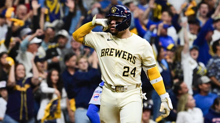 Milwaukee Brewers catcher William Contreras reacts after hitting a home run in Game 2 of the NLDS against the Chicago Cubs.