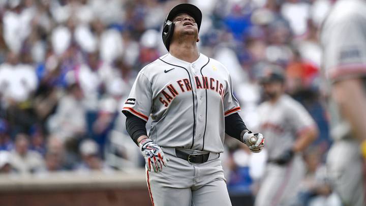San Francisco Giants first baseman Rafael Devers (16) reacts during an at-bat.  Credit: John Jones-Imagn Images