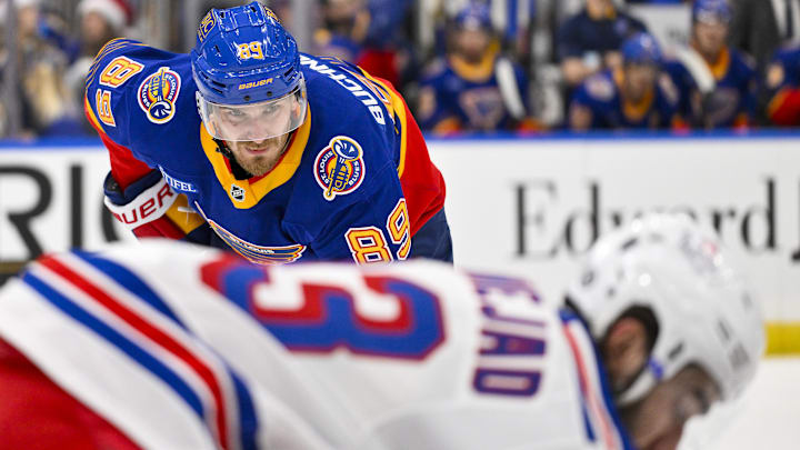 Dec 15, 2024; St. Louis, Missouri, USA;  St. Louis Blues left wing Pavel Buchnevich (89) waits for a face off against the New York Rangers during the second period at Enterprise Center. Mandatory Credit: Jeff Curry-Imagn Images