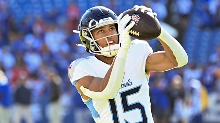 Oct 20, 2024; Orchard Park, New York, USA; Tennessee Titans wide receiver Nick Westbrook-Ikhine (15) warms up before a game against the Buffalo Bills at Highmark Stadium. Mandatory Credit: Mark Konezny-Imagn Images