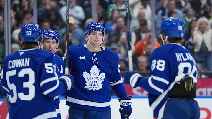 Apr 13, 2026; Toronto, Ontario, CAN; Toronto Maple Leafs center John Tavares (91) scores a goal and celebrates with left wing Matthew Knies (23) against the Dallas Stars during the first period at Scotiabank Arena. Mandatory Credit: Nick Turchiaro-Imagn Images Apr 13, 2026; Toronto, Ontario, CAN; Toronto Maple Leafs center John Tavares (91) scores a goal and celebrates with left wing Matthew Knies (23) against the Dallas Stars during the first period at Scotiabank Arena. Mandatory Credit: Nick Turchiaro-Imagn Images