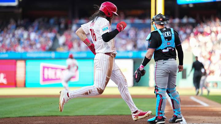 Jun 16, 2026; Philadelphia, Pennsylvania, USA; Philadelphia Phillies outfielder Brandon Marsh (16) advances home to score against the Miami Marlins in the first inning at Citizens Bank Park. Mandatory Credit: Kyle Ross-Imagn Images